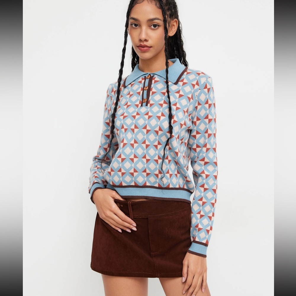 Cider Geometric Knit Polo Sweater in Light Blue, Brown, White - Picture 10 of 12